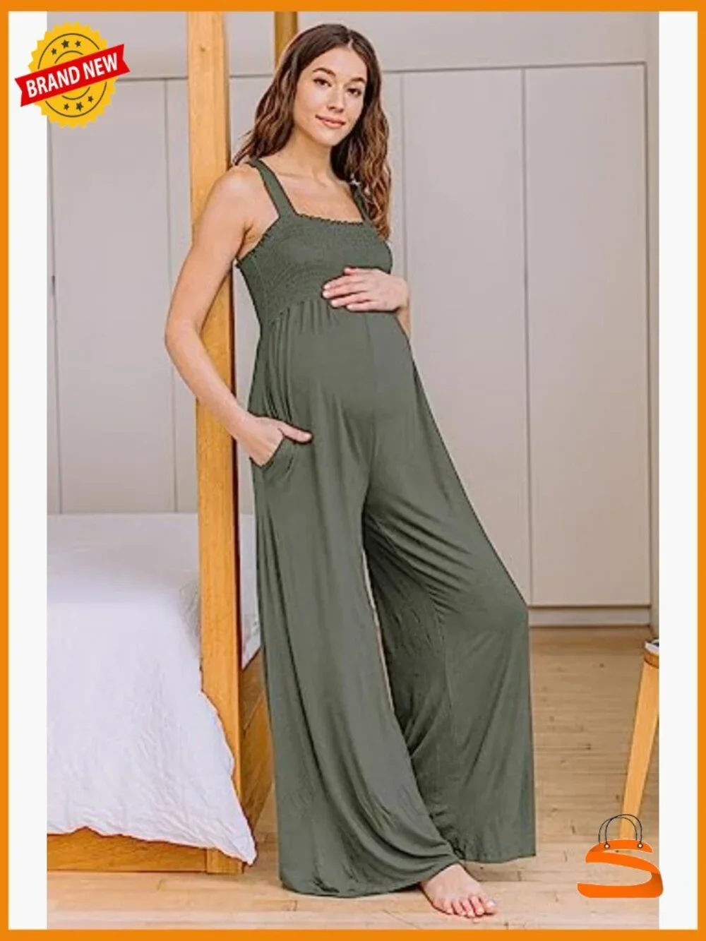 Maternity Sleeveless Jumpsuit Romper Smocked Neck Pockets